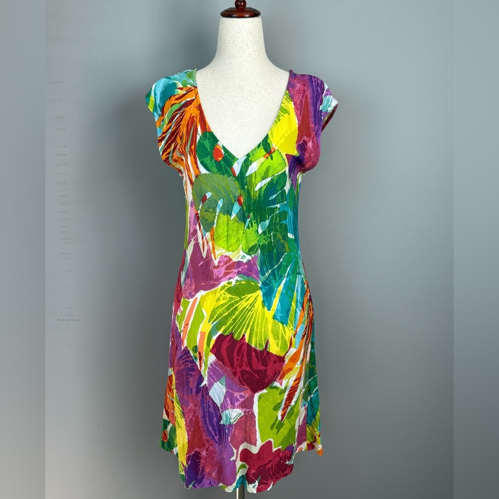 Jams World Shift Dress Size S V Neck Colorful Tropical Print Short Sleeve Retro